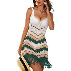 WOMEN'S Crochet Cover Up Sexy Green Beige Stripe